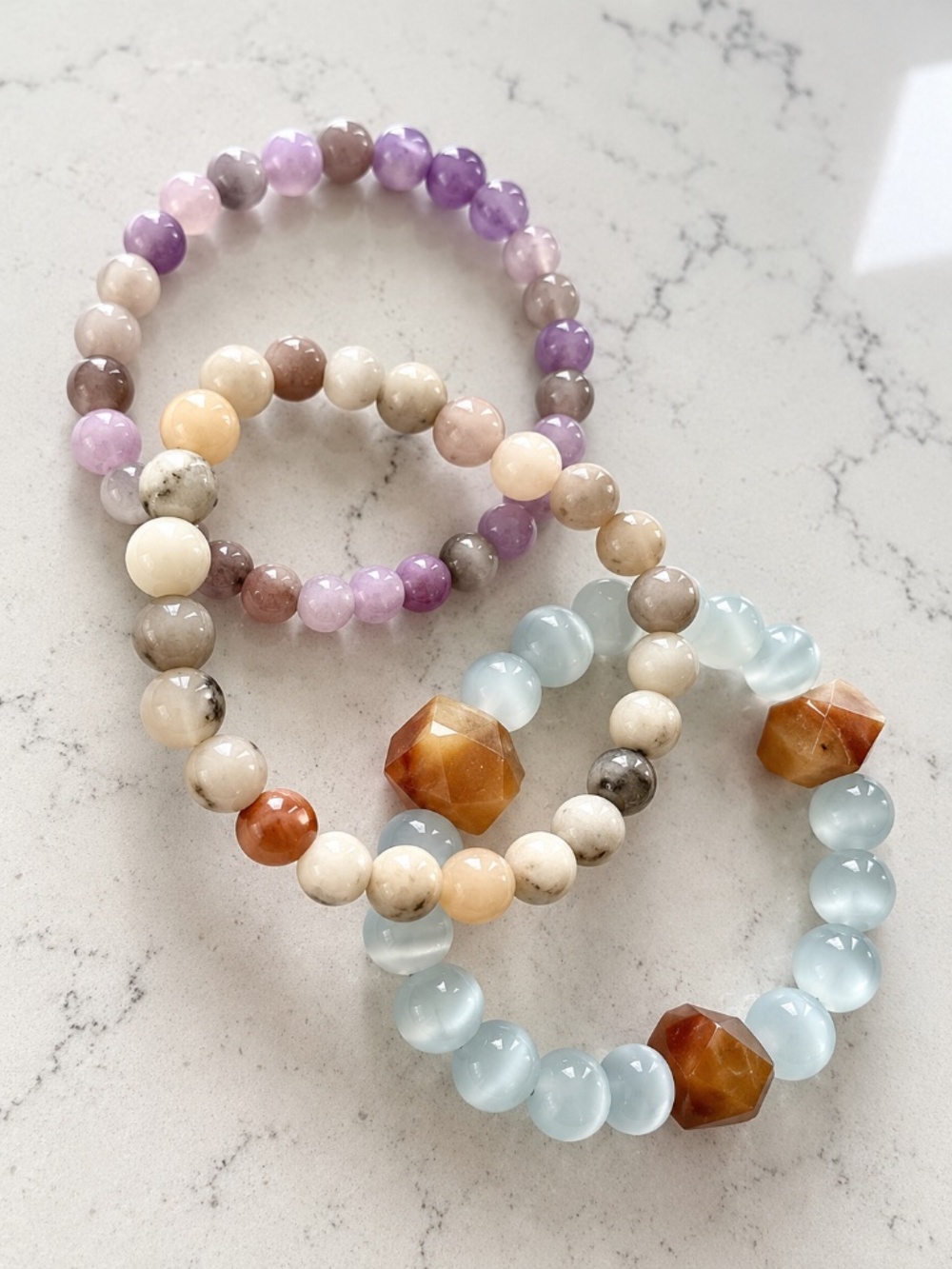 Set of 3 Lavender Blue Gemstone Beaded Stretch Stack Bracelets